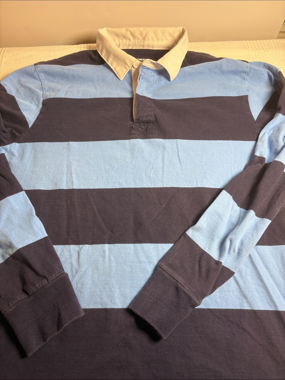 Striped Long-Sleeve Rugby Polo in Light Blue & Navy - Collared